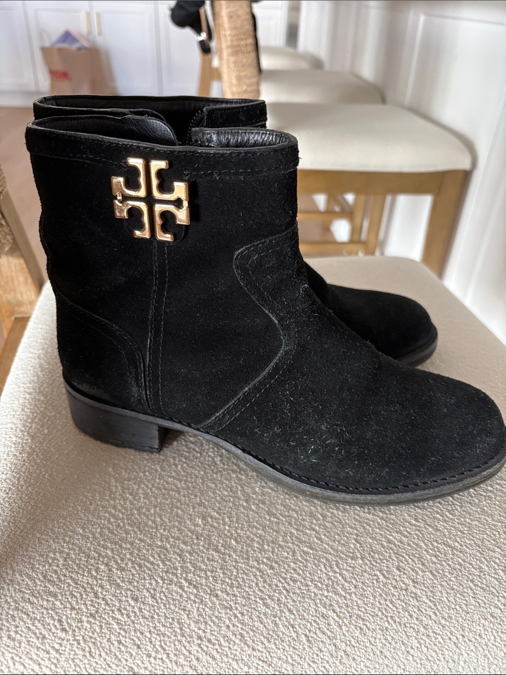 Tory Burch Black Suede Ankle Booties with Gold Emblem